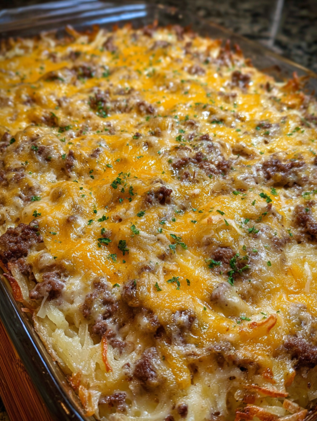 Eine Schüssel mit einem Hamburger Hashbrown Casserole, das aus Kartoffeln, Zwiebeln, Rindfleisch, Käse und Pasta zubereitet wurde.