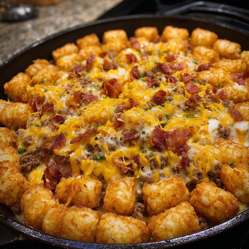Ein Bacon Cheeseburger Tater Tot Casserole, der in einem großen, schwarzen Teller serviert wird.