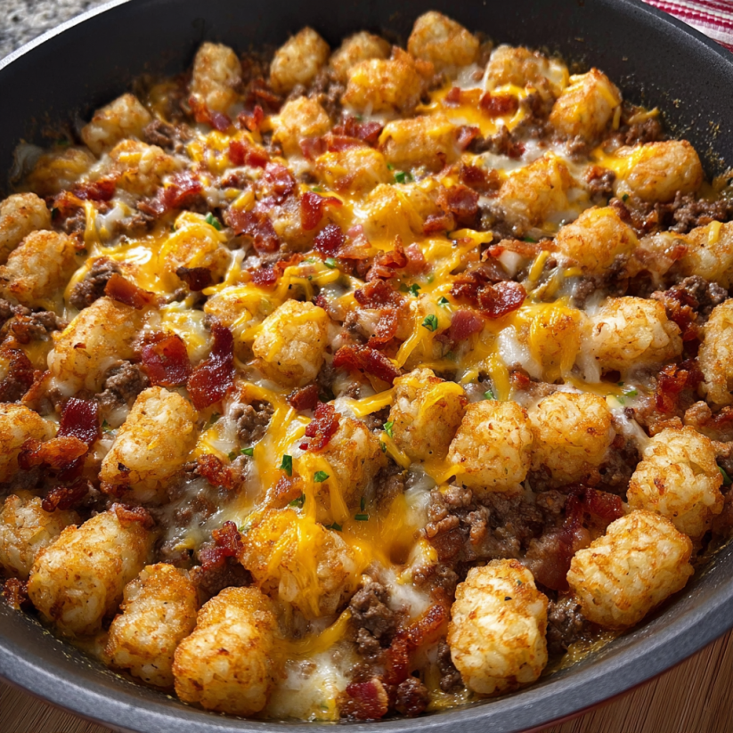 Ein Bacon Cheeseburger Tater Tot Casserole in einem großen, schwarzen Teller.