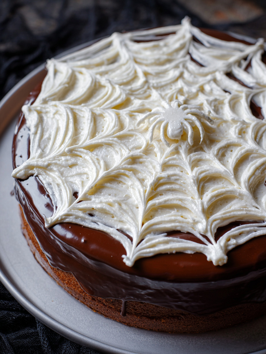 Ein Schokoladenkuchen mit einer Spinnennetz-Struktur.