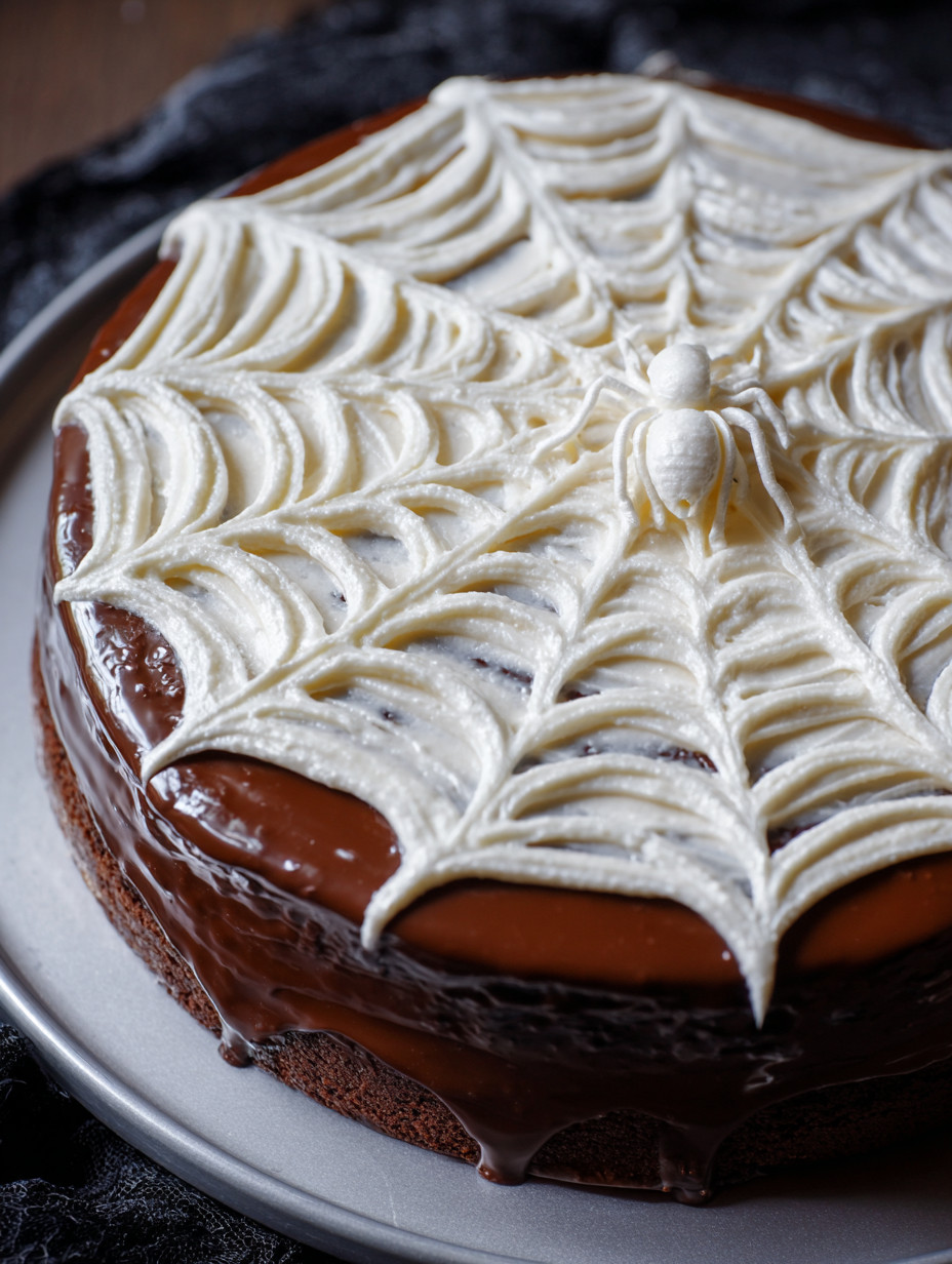 Ein Schokoladenkuchen mit einer Spinne darauf.