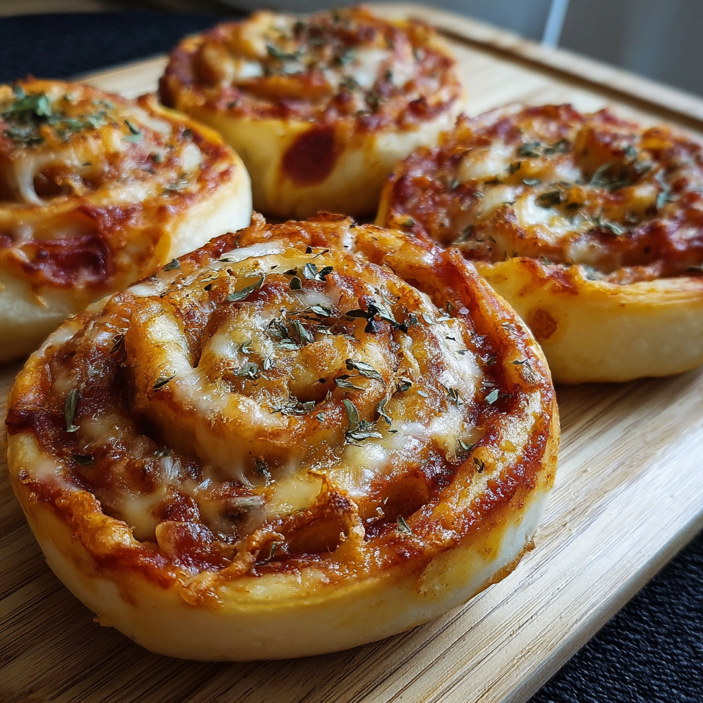 Blitz Pizzaschnecken auf einem Brett.