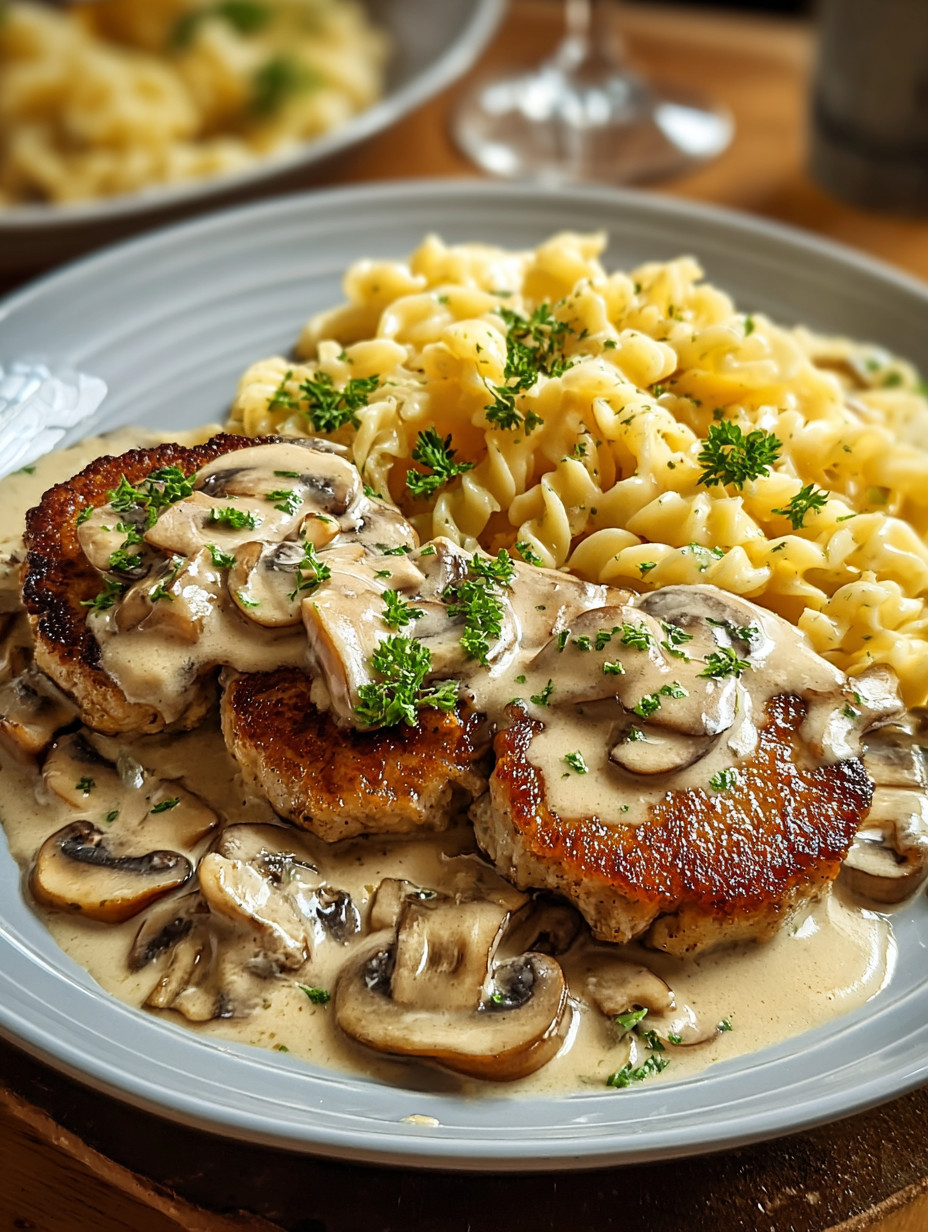 Ein Plate mit gegrillten Medaillons in Champignon Rahmsoße und Spätzle.