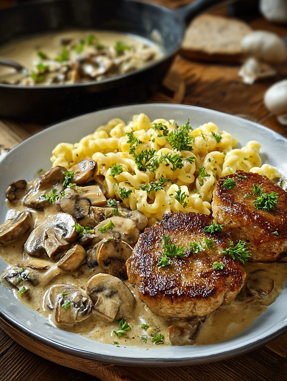 Ein Plate mit gegrillten Steaks und Champignons in einer Sauce.