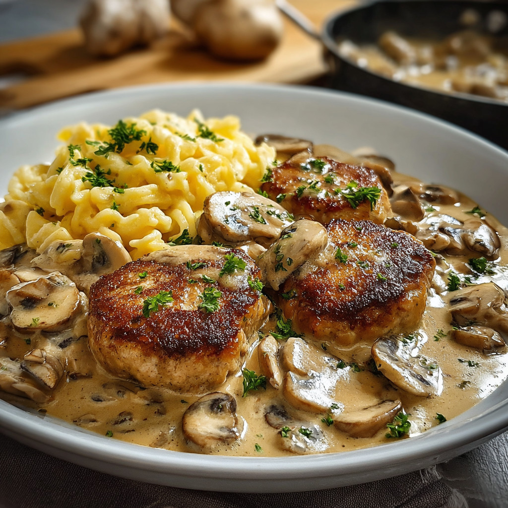 Ein Plate mit Medaillons in Champignon Rahmsoße und Spätzle.