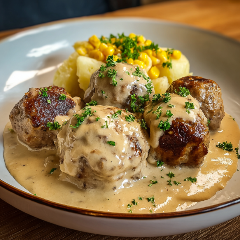 Ein Plate mit Hackbällchen in cremiger Paprikasoße.