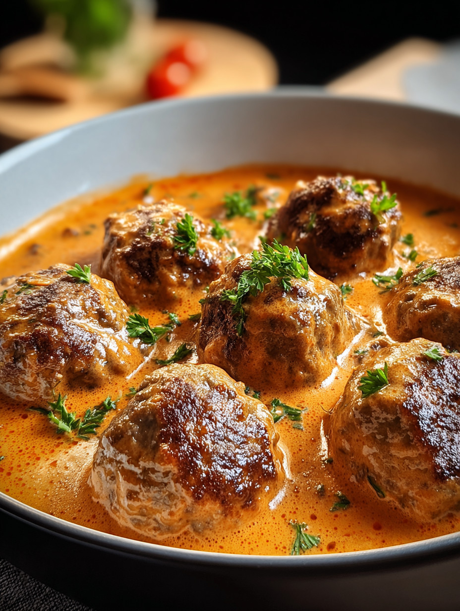 Ein weißer Teller mit cremiger Paprikasoße und Hackbällchen.