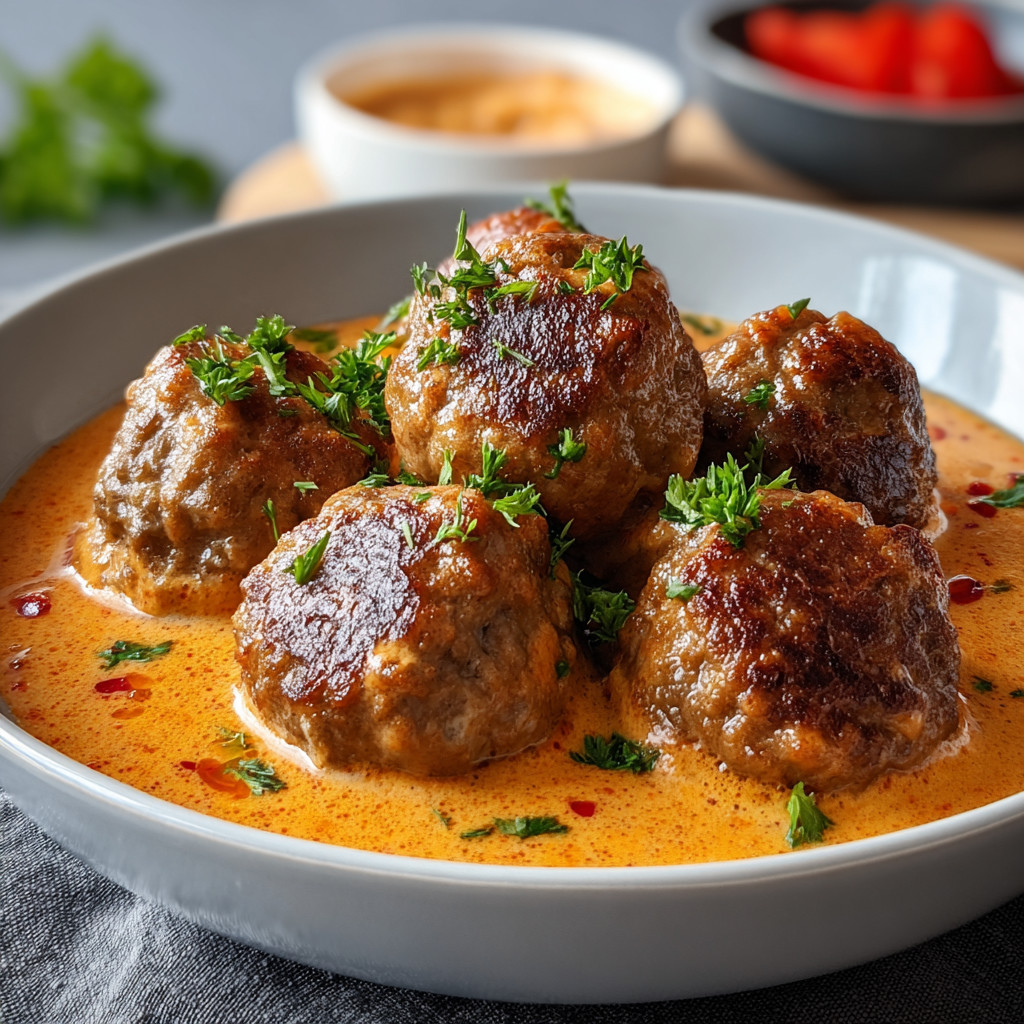 Ein weißer Teller mit Hackbällchen in cremiger Paprikasoße.