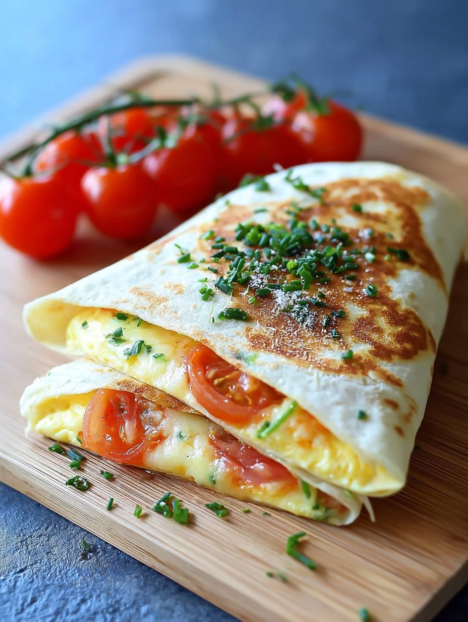 Ein Frühstückswrap mit Ei, Käse und Tomaten auf einem Holzbrett.
