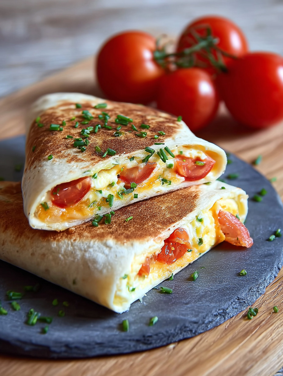 Ein Frühstückswrap mit Ei, Käse und Tomaten auf einem Tisch.