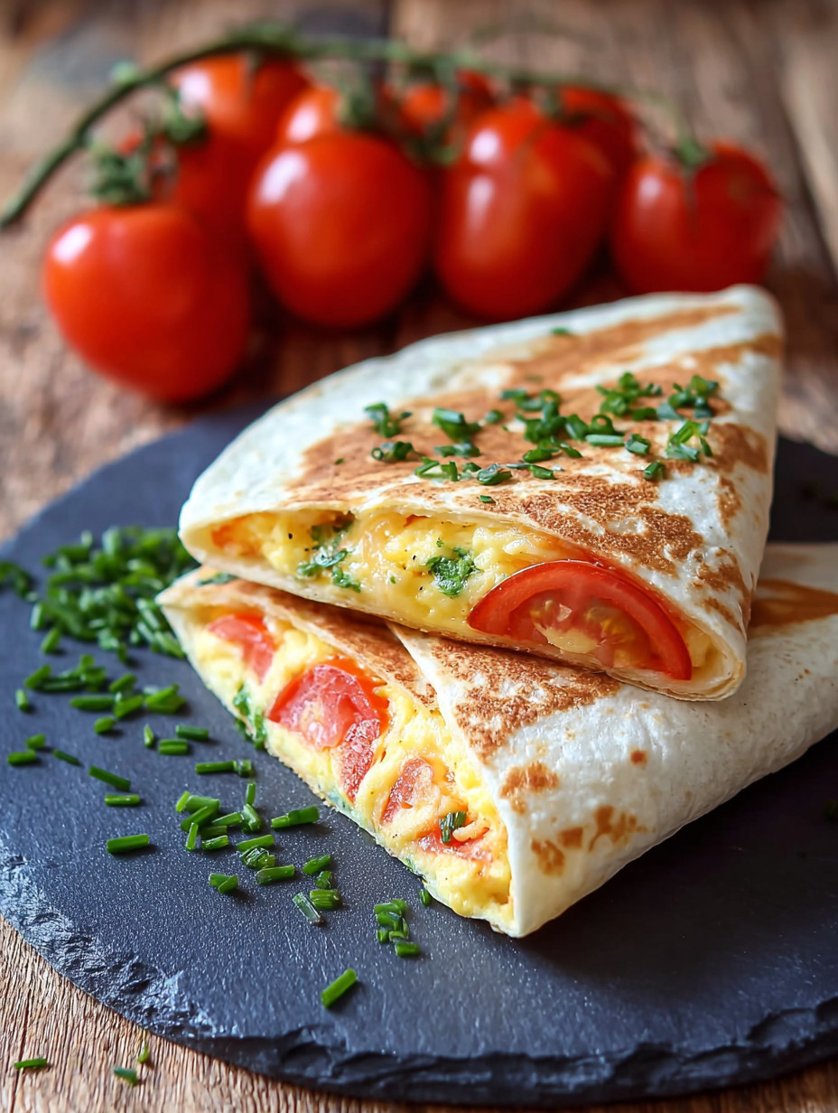 Ein Frühstückswrap mit Ei, Käse und Tomaten auf einem Tisch.