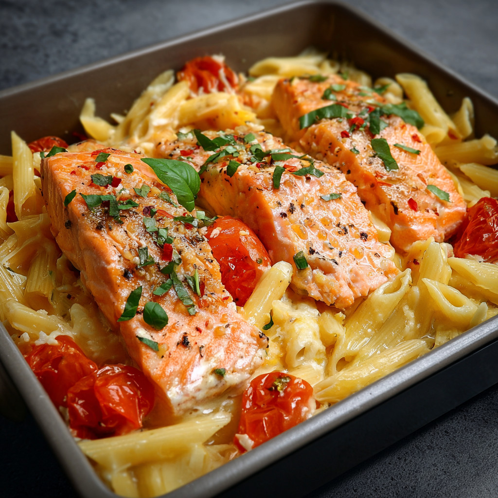Ein Teller mit Ofen-Lachs-Pasta und Tomaten.