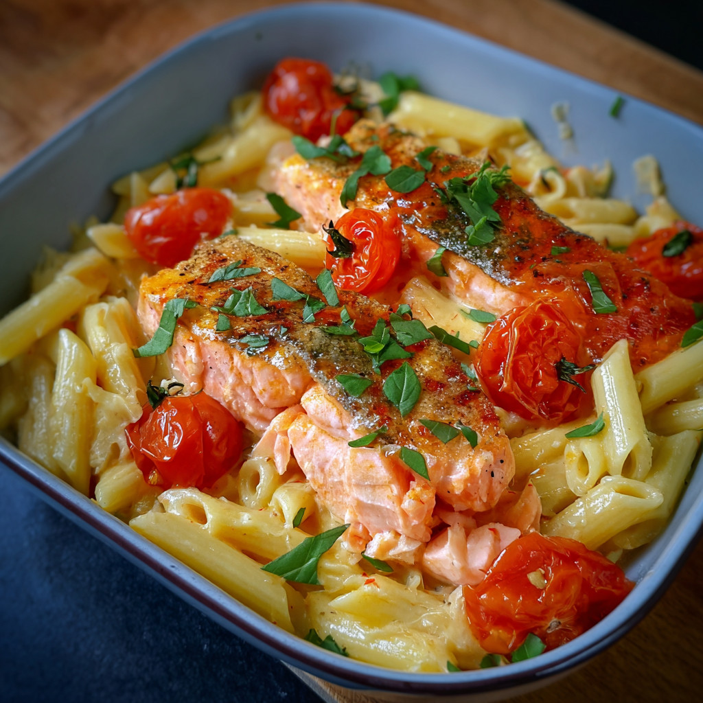 Ein Ofen-Lachs-Pasta-Gericht mit Tomaten in einem Behälter.