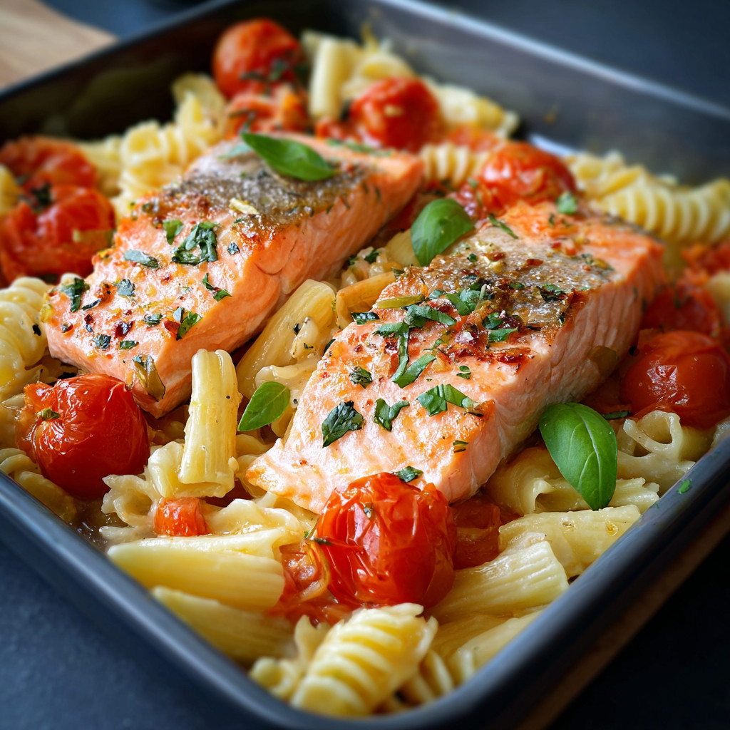Ein Schälchen mit Lachs, Pasta und Tomaten.