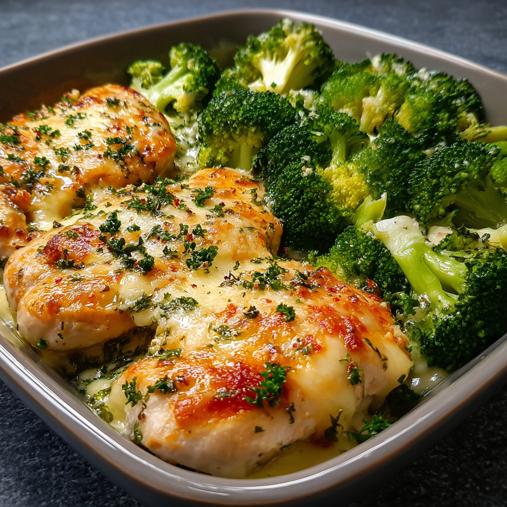 Ein Becher mit Hähnchenfilets und Brokkoli.