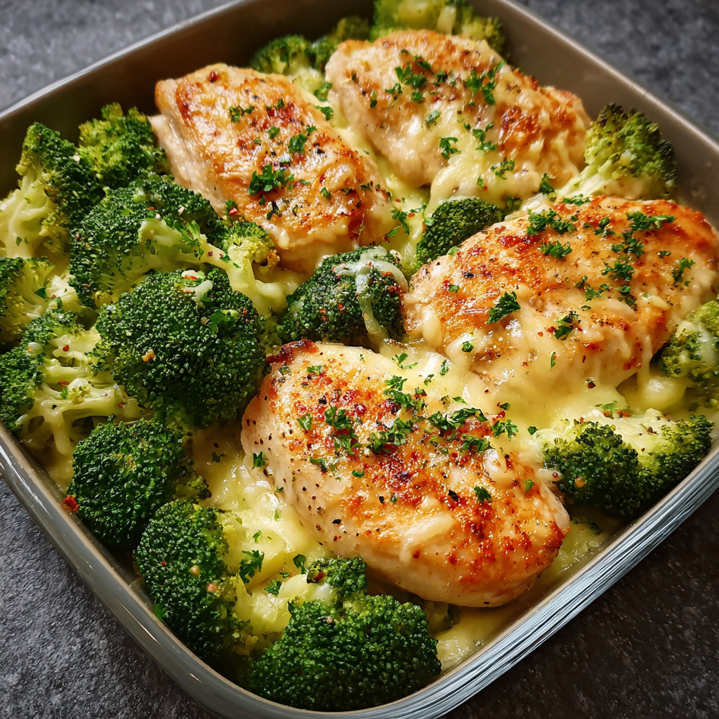 Ein Behälter mit Hähnchenfilets und Brokkoli.