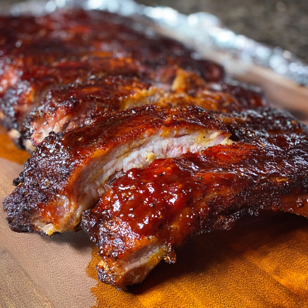 Ein Bündel von Smoked Baby Back Ribs auf einem Teller.