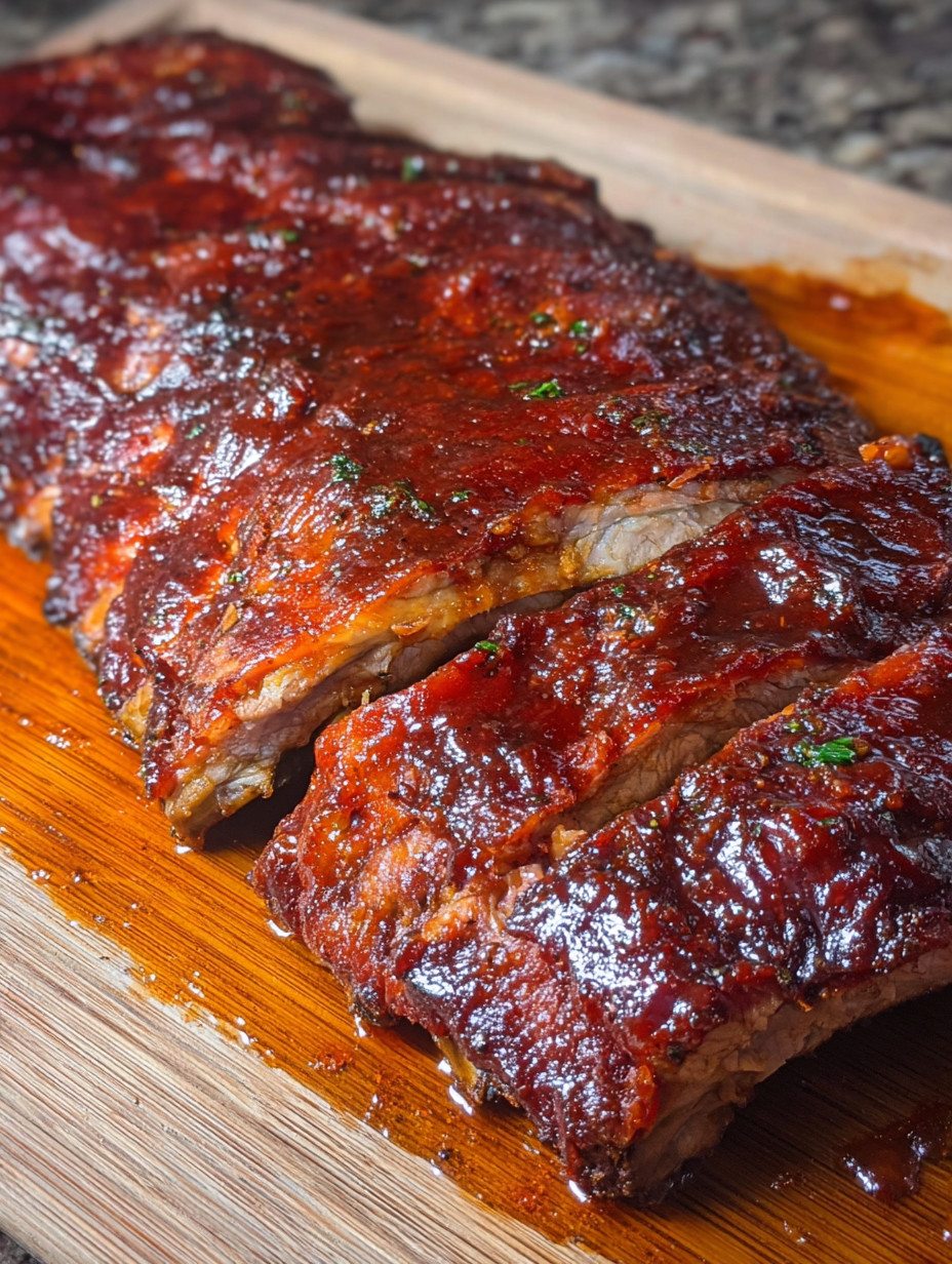 Ein Bilde von Smoked Baby Back Ribs, die auf einem Tisch liegen.