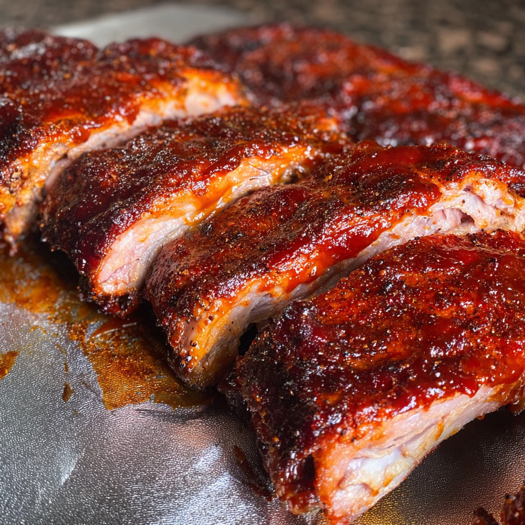 Eine Platte mit Smoked Baby Back Ribs, die auf einem Teller liegen.