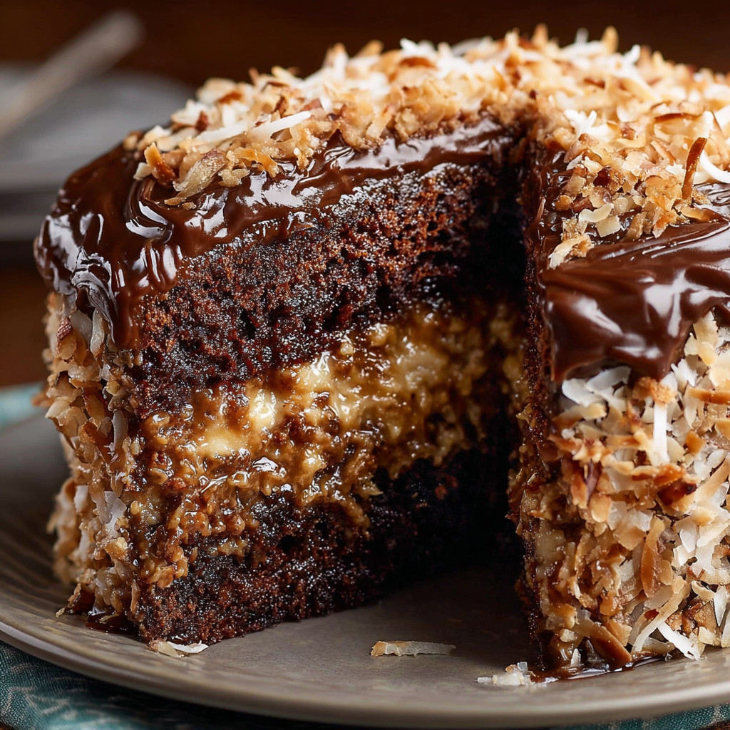 Ein Stück German Chocolate Cake mit Coconut und Pecan Zutaten auf einem Teller.