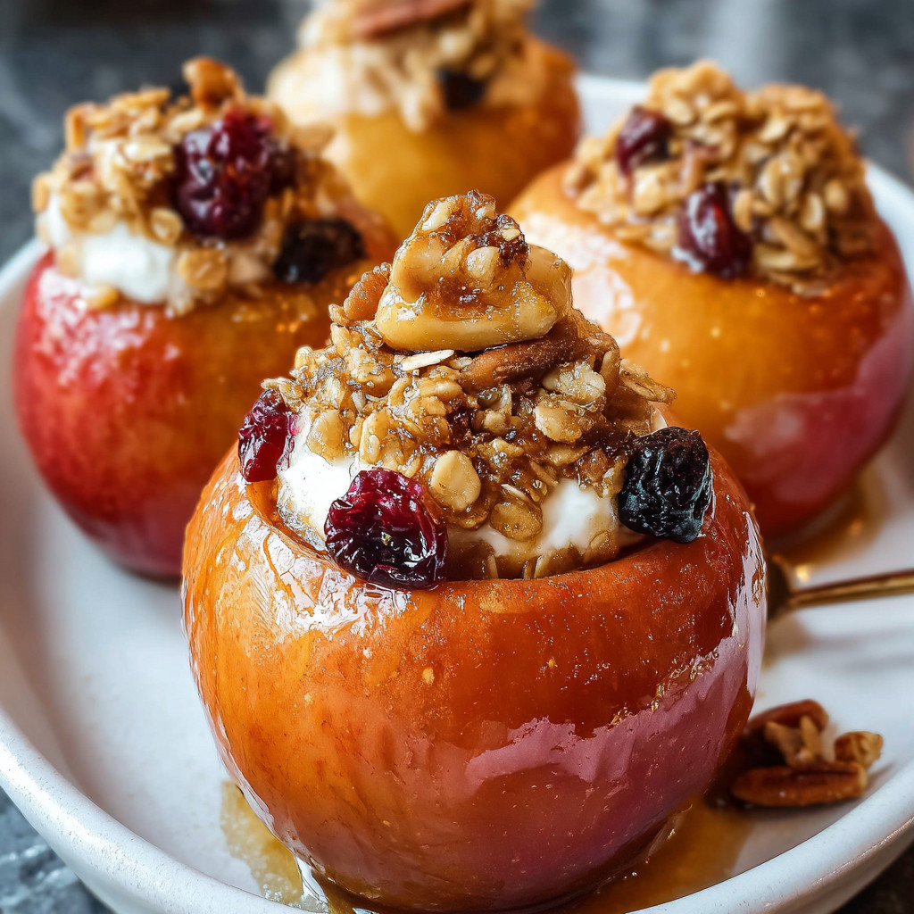 Ein weißer Teller mit drei bakten Apfelessen, die mit Walnuss, Zucker und Sahne garniert sind.