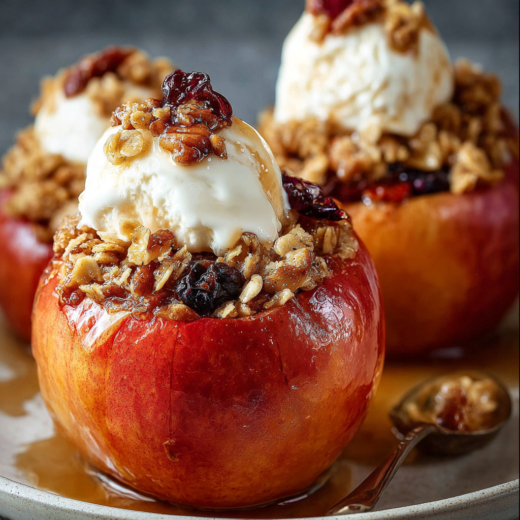Three baked apples with ice cream and nuts on top.