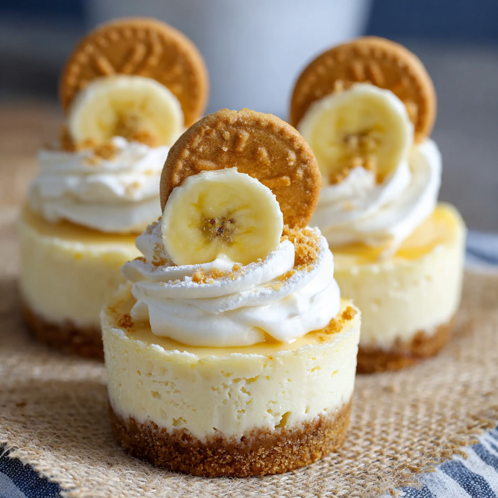 Three mini banana pudding cheesecakes with white whipped cream and chocolate cookies on top.