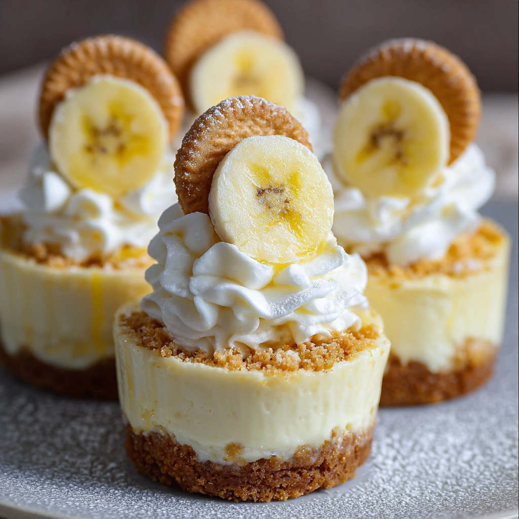 Three mini banana pudding cheesecakes with banana slices on top.