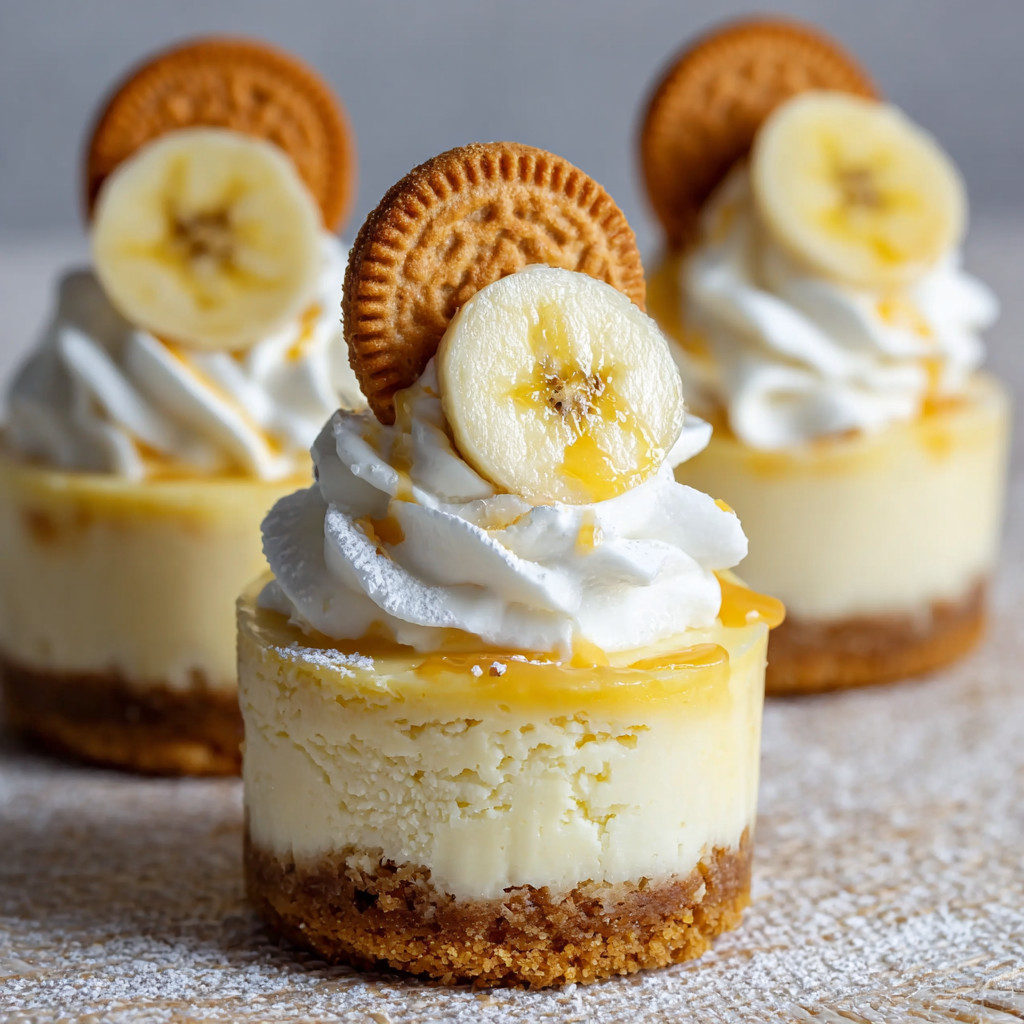 Three mini banana pudding cheesecakes with chocolate cookies on top.