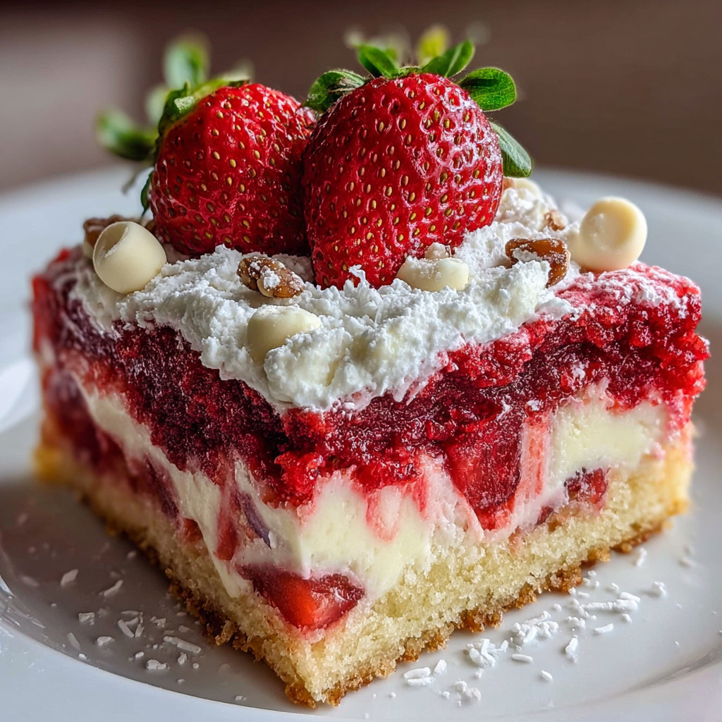 Ein Stück Strawberry Earthquake Cake Delight auf einem weißen Teller.