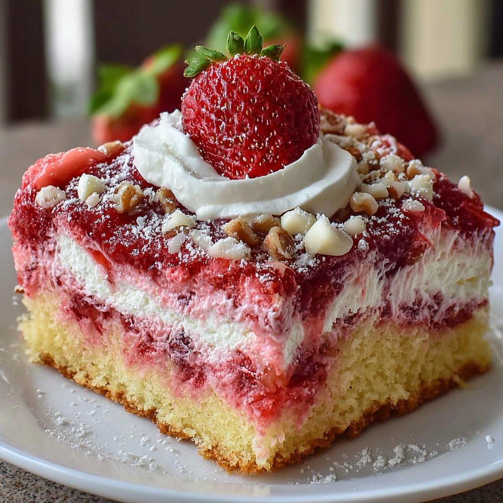 Ein Strawberry Earthquake Cake Delight auf einem wei&#223;en Teller.