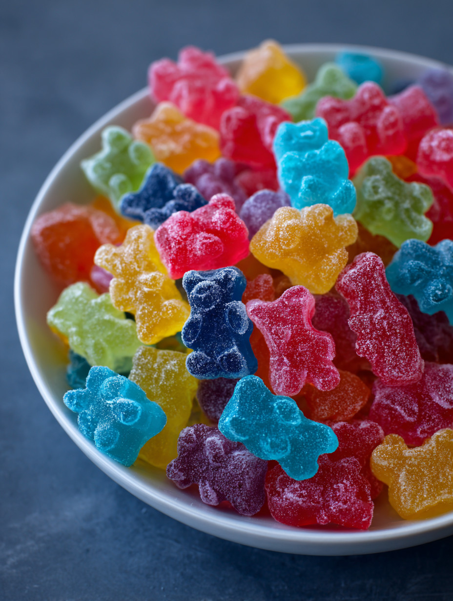 Ein weißer Behälter mit verschiedenen Farben von Frozen Gummy Bears.