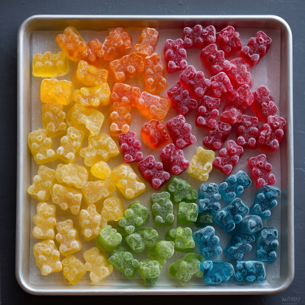 Ein silberner Teller mit verschiedenen Farben von Frozen Gummy Bears darauf.