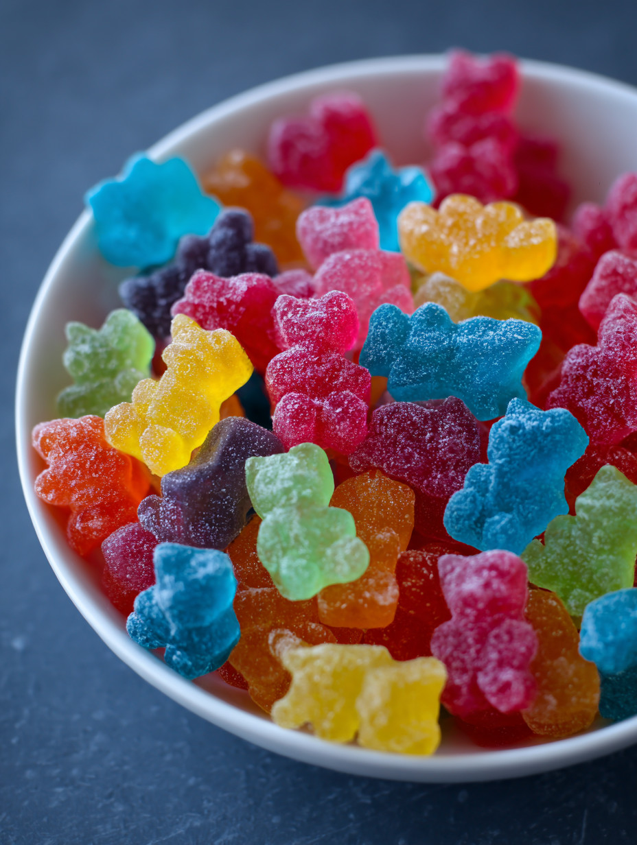 Ein weißer Becher mit verschiedenen Farben von Frozen Gummy Bears.