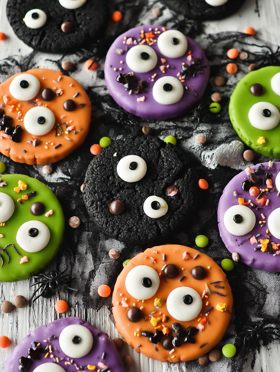 Halloween Monster Cookies mit verschiedenen Schokoladenglasur, Schokoladenglasur, Schokoladenglasur