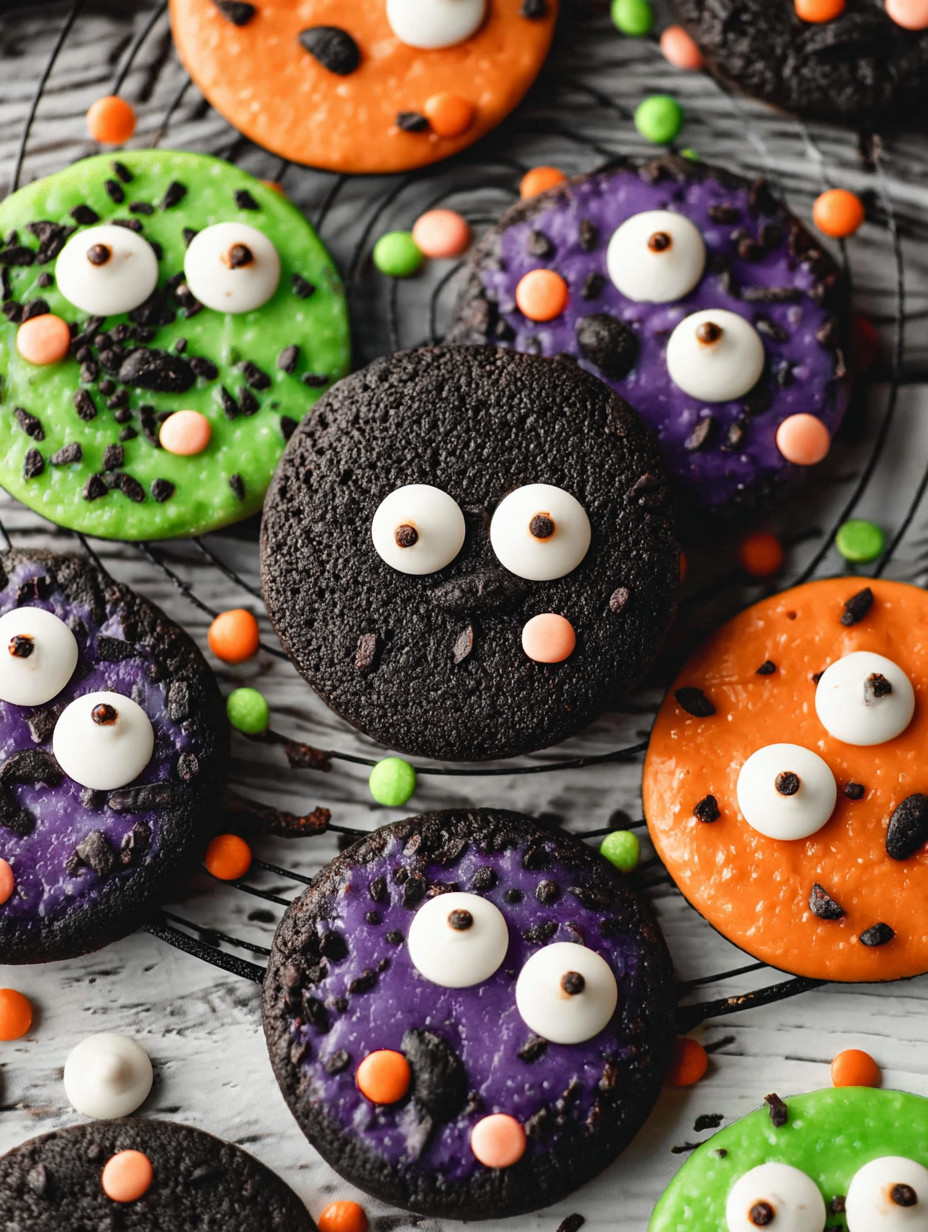Halloween Monster Cookies auf einem Tisch.