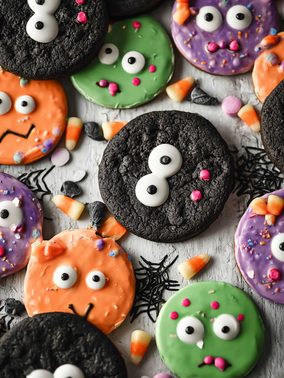 Halloween Monster Cookies auf einem Tisch.