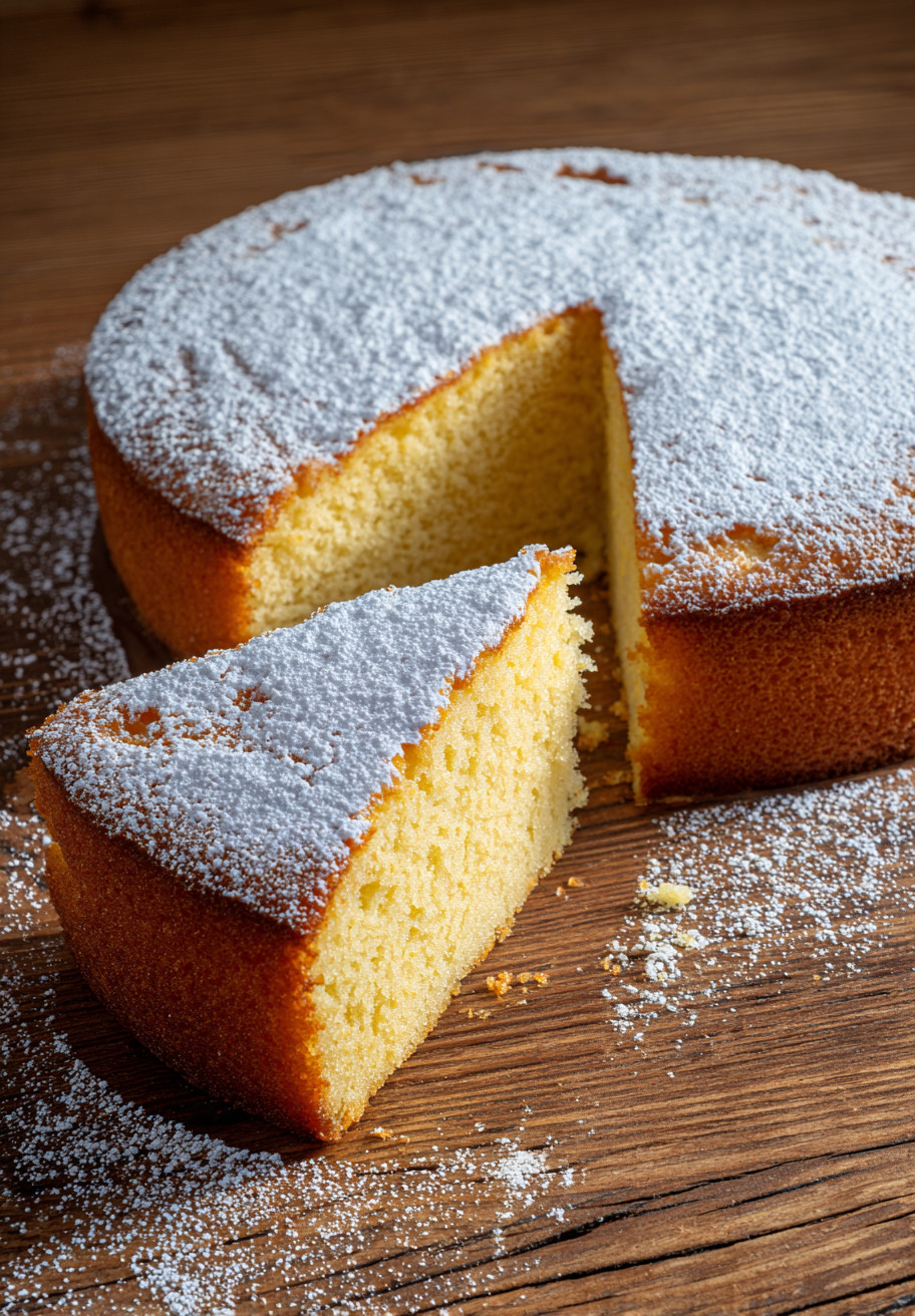 Ein Stück von einem Pão de Ló, einem traditionellen portugiesischen Easter Cake, wird auf einem Tisch präsentiert.