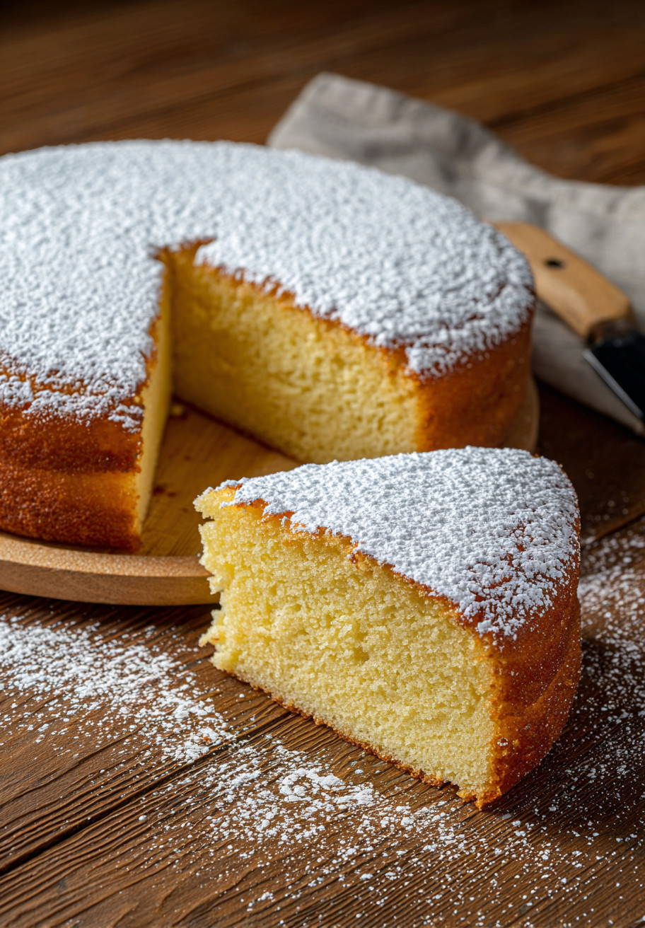 Ein Stück von einem weißen, süßen und mit Zucker bestreuten Pão de Ló, das eine traditionelle portugiesische Easter-Speise ist.