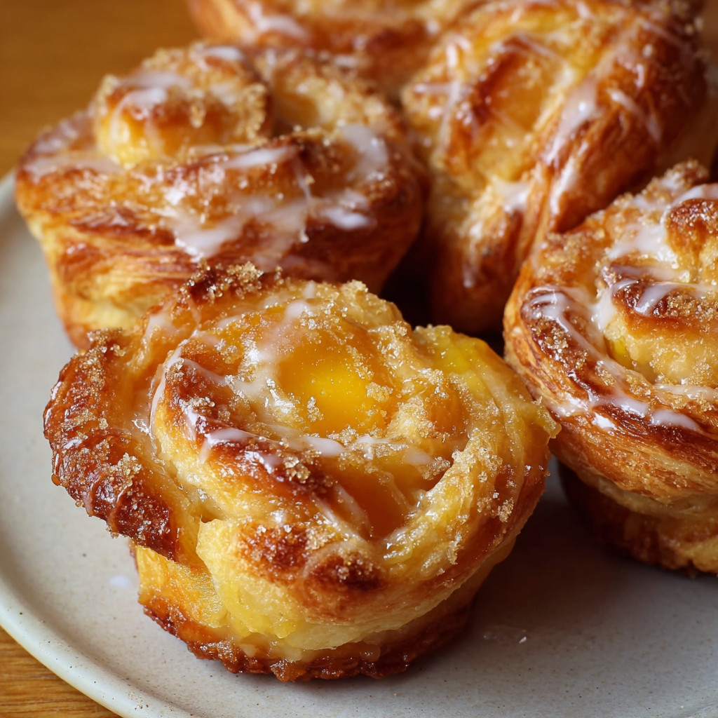 Ein wei&szlig;er Teller mit sechs Peach Pie Cruffins darauf.