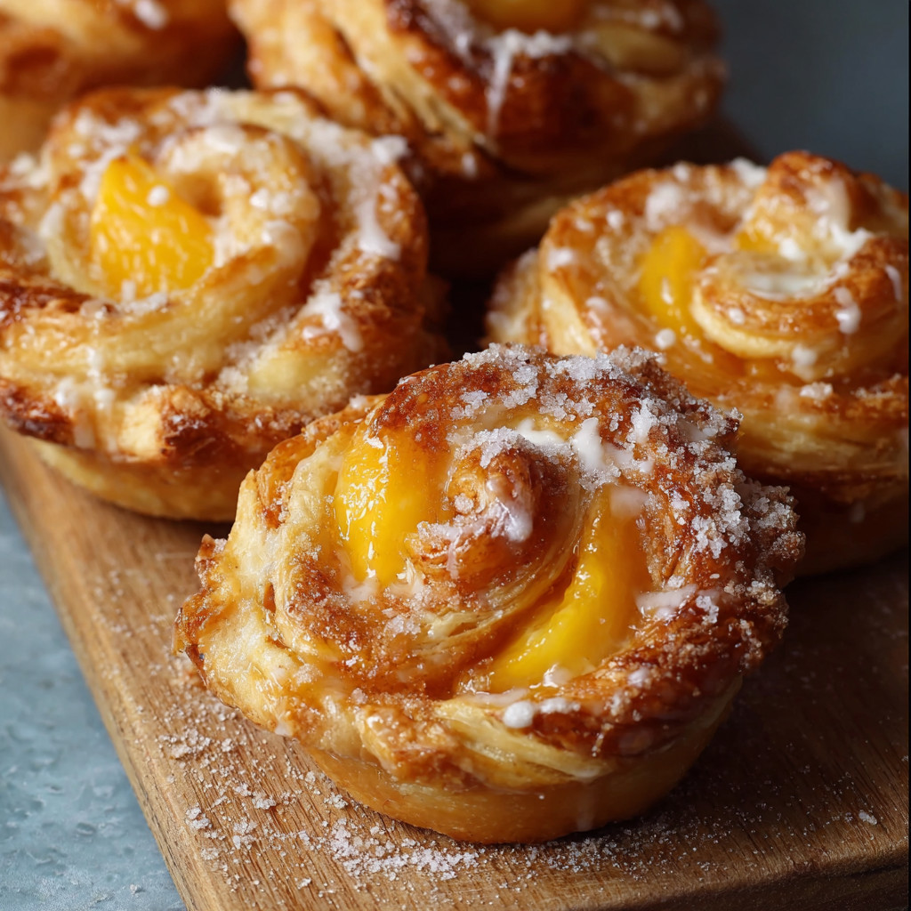 Ein Holzbrett mit drei Peach Pie Cruffins darauf.