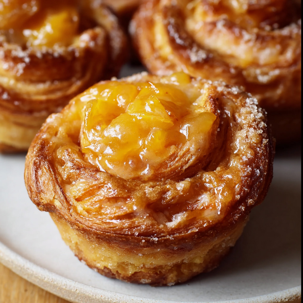 Ein weißer Teller mit zwei Peach Pie Cruffins darauf.