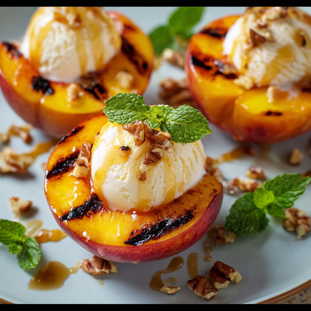 Zwei Grilled Peach Sundaes mit Eis und Walnuss.