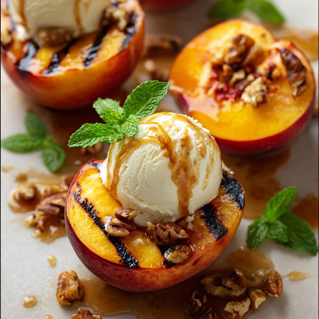 Grilled Peach Sundaes mit Eis und Walnuss.