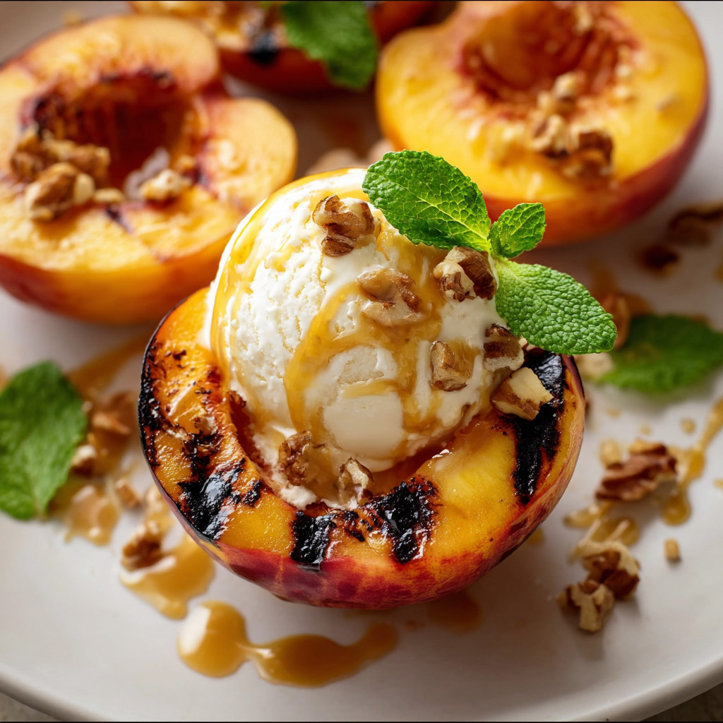 Ein Grilled Peach Sundaes mit einer Eiscreme und Walnüssen.