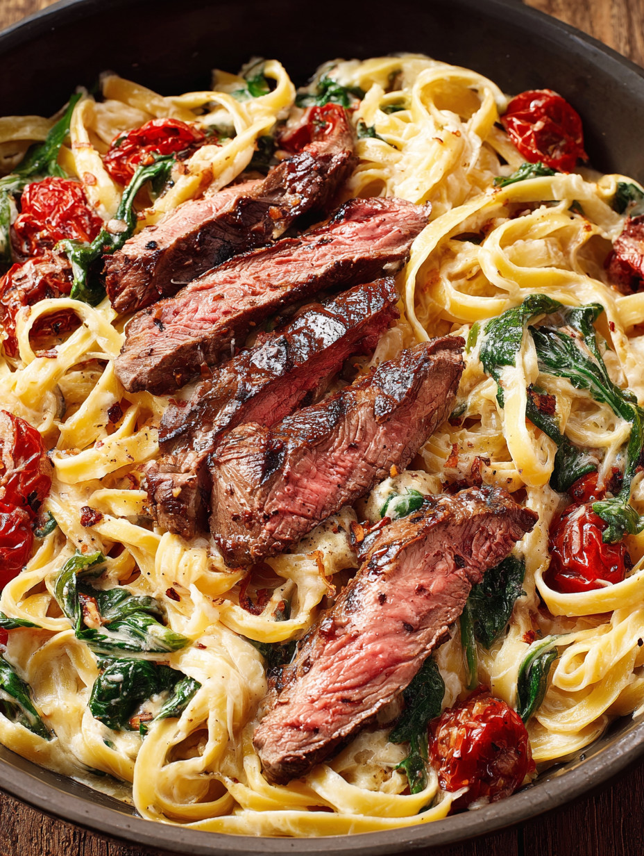 Eine Schüssel mit einer cremigen Fettuccine-Pasta, die mit Steak und Tomaten garniert ist.