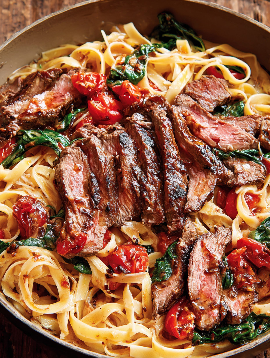 Eine Schüssel mit einer cremigen Fettuccine-Pasta, die mit Steak, Tomaten, Spinat und Basilikum garniert ist.