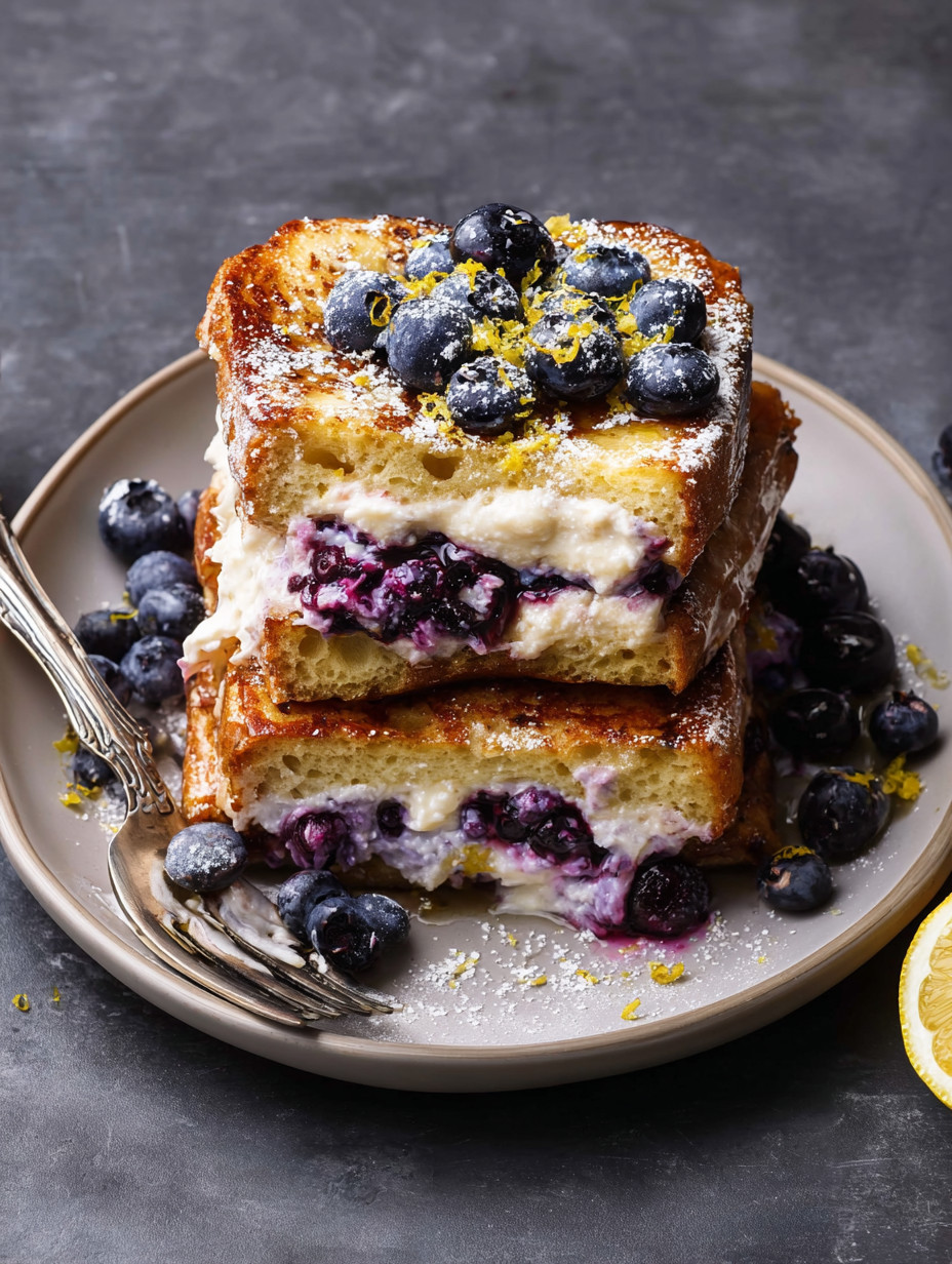 Ein Plate mit Blueberry-Lemon Ricotta Stuffed French Toast.