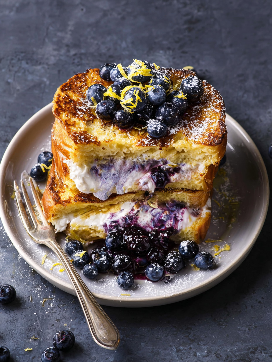 Ein Plate mit einem Stück Blueberry-Lemon Ricotta Stuffed French Toast.
