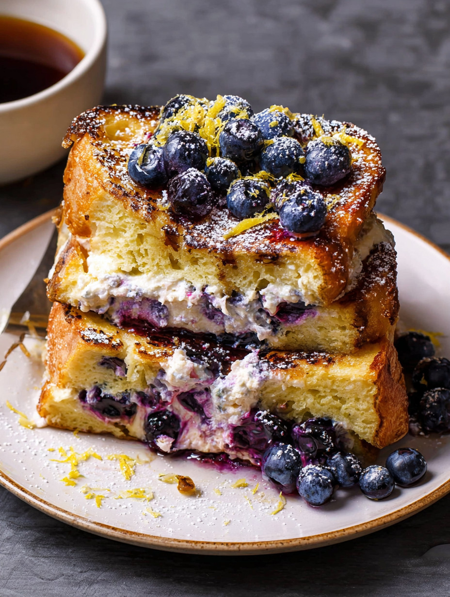 Ein Stück Blueberry-Lemon Ricotta Stuffed French Toast auf einem Teller.